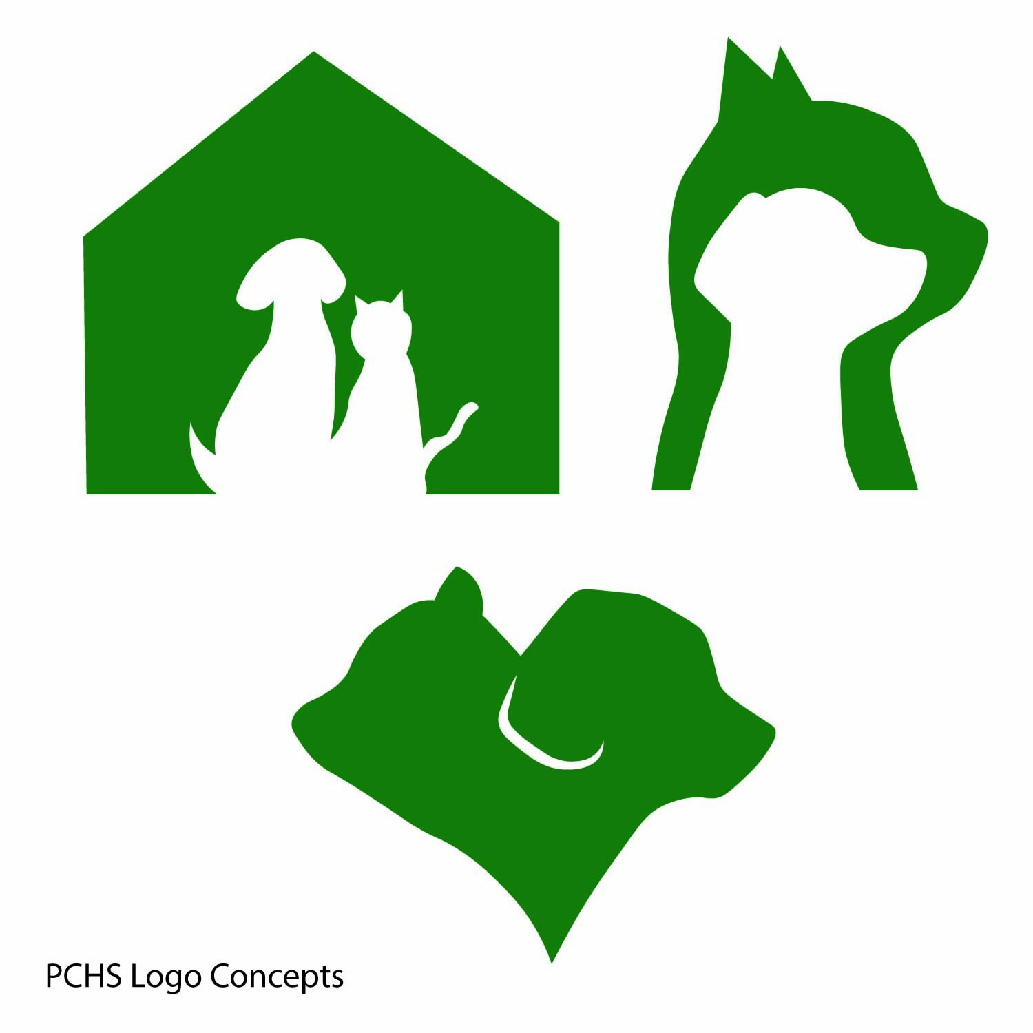 Green and white concept sketches of dog and cat logo for humane society.