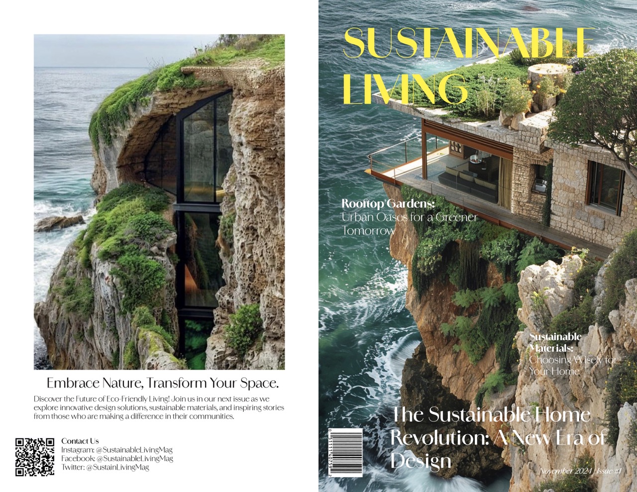 Front and back cover of Sustainable Living magazine, image of a house on a cliff