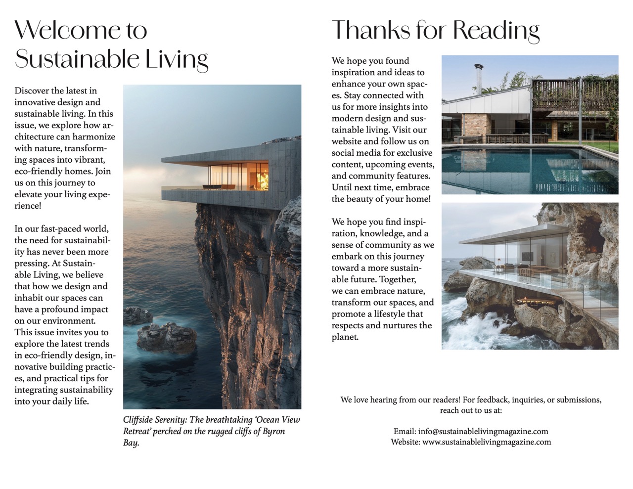 Inside cover of magazine, images of cliffside houses and a backyard.