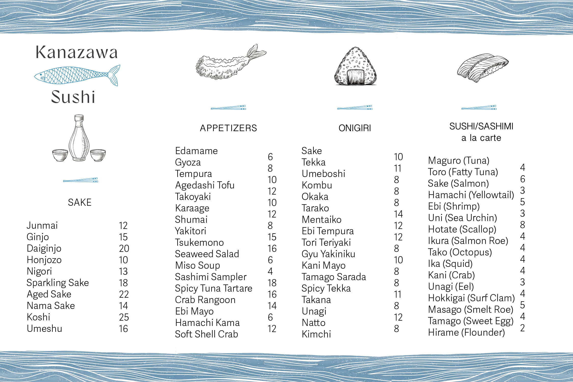 Front of menu for sushi restaurant with teal fish and line graphics.